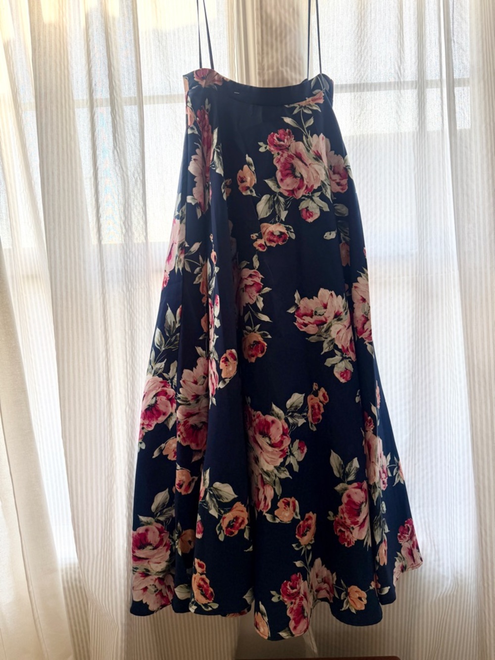 Long Floral A-Line Midi Skirt in Navy with Pink Roses